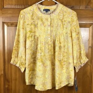 Democracy Womens Yellow Tropical Leaf Print Pleated Blouse 3/4 Sleeve NWT M